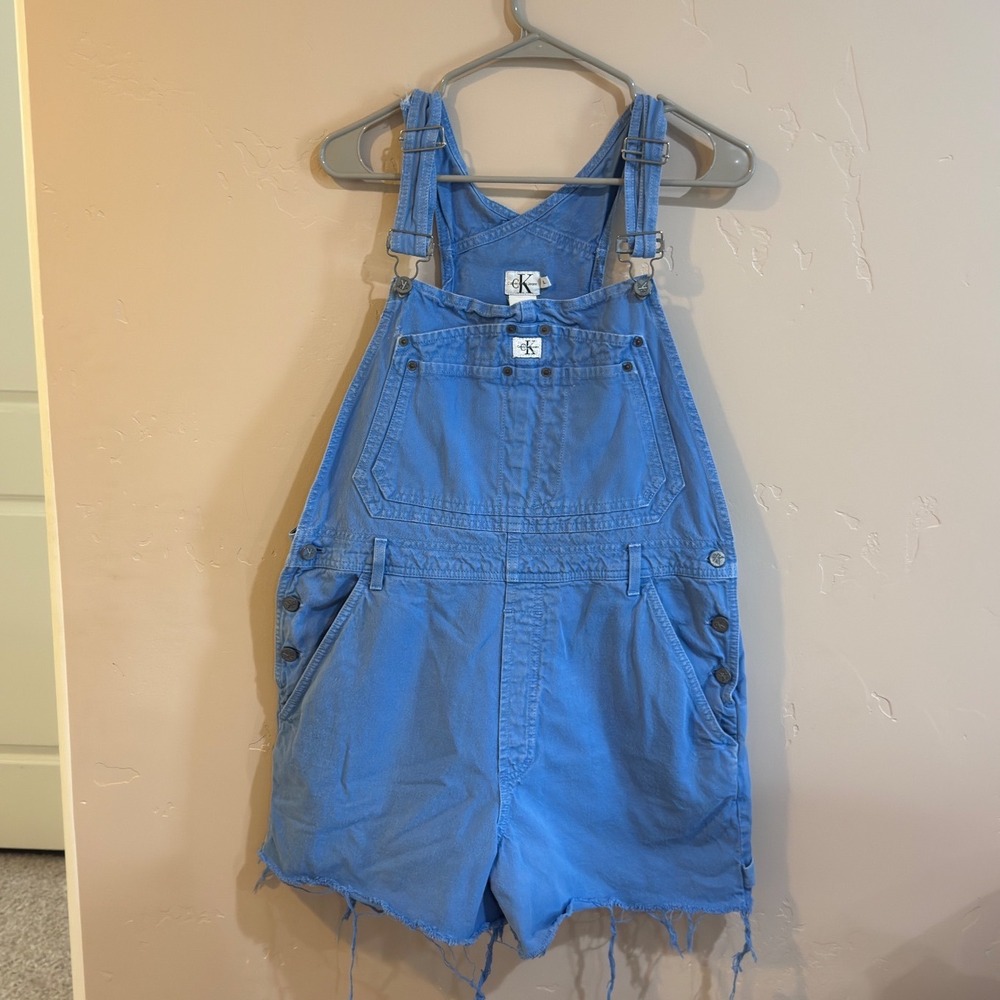 Vintage Calvin Klein Jeans Denim Shortalls Blue Made in USA Frayed Hem Large